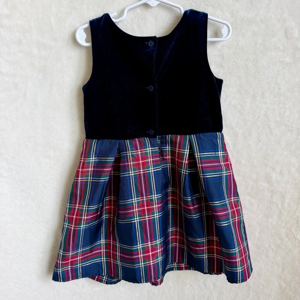 The Children's Place Navy Tartan Plaid Velvet Dress Girls Size 4T Holiday Bow